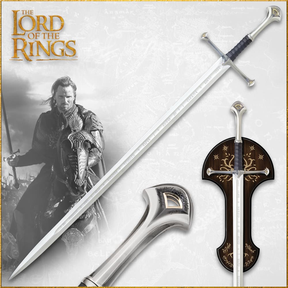 Lord of the rings character holding close up view of silver sword with leather wrapped handle. Sword laying on top brown plaque image number 0